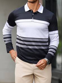 Manfinity Homme Áo thun polo dài tay thường ngày in họa tiết sọc tương phản dành cho nam - Nhiều màu - Xem 3