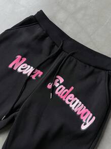 Manfinity EMRG 2pcs/Set Men's Casual Letter Print Drawstring Hooded Sweatshirt And Sweatpants Set - Black - View 4