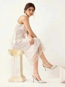 CUCCOO HITCHD Almond Color Lace & Mesh Pointed Toe Elegant Versatile Women Stiletto Heels Backless Pumps - Apricot - View 8