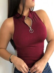 INAWLY Plus Size Solid Color Half Zip Mock Neck Sleeveless Fitted Tank Top - Red - View 1