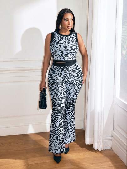 Zolique 2 piezas Conjunto de chaleco y pantalones de mujer de punto con estampado animal, ajuste regular, cuello redondo y suéter, pantalones de corte holgado, estilo sexy para otoño/invierno