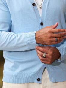 Manfinity Mode Áo khoác cardigan dệt kim cài nút phía trước màu trơn cho nam, mặc mùa thu đông, tay dài - Màu xanh nhạt - Xem 5