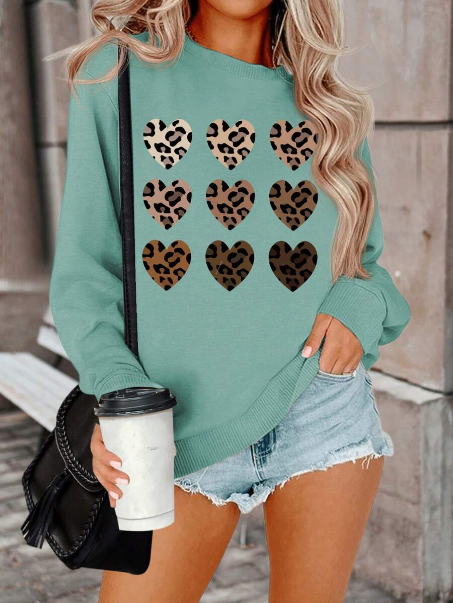 SHEIN LUNE 女士休闲爱心印花宽松圆领卫衣，秋季套头衫 - 綠色 - 查看 1