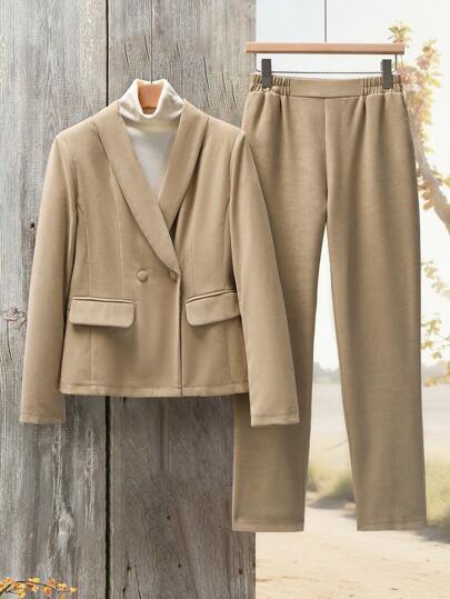 EMERY ROSE 2pcs Women Slim Fit Button Waist Suit Set Business Casual Women Office Wear Women Teacher Clothes Women Blazers