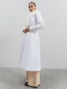 CLARA VERO Long Padded Coat With Patchwork And Collar, Fur Details, Quilting Fabric - White - View 3