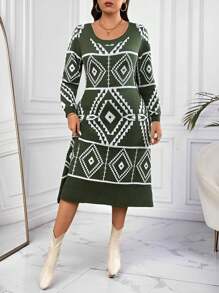 SHEIN LUNE Đầm len dài tay cổ tròn in hình học cỡ lớn thường ngày - Nhiều màu - Xem 7