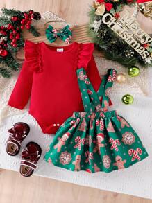 2pcs Infant Baby Girls Ruffled Floral Long Sleeve Bodysuit & Overalls Dress Set With Matching Bow Hairband, Autumn - Red - View 8