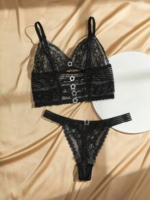 Charlaine Sexy Solid Color Sheer Lace Lingerie Set - Black - View 3
