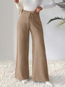 SHEIN LUNE Women's Solid Color Drawstring Waist Wide Leg Loose Casual Knit Pants - Khaki - View 4