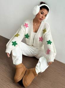 Flirla Cardigan court casual minimaliste à manches longues avec détail d'impression d'étoiles amusant - Multicolore - Voir 6