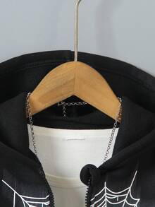 年轻男孩时尚蜘蛛印花前襟、字母印花袖口带拉链连帽衫，带魔鬼角，适合秋冬季，非常适合上学、外出和居家穿着，保持时尚舒适 - 黑色 - 查看 4