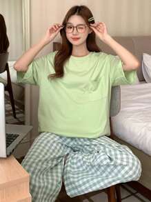 DAZY Set Of Round Neck T-Shirt Top And Plaid Pants Casual Loungewear Pajama