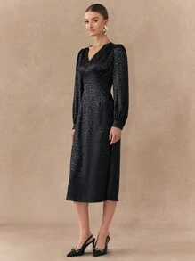 Chiquease Vestido casual y elegante de manga larga con estampado de leopardo jacquard - Negro - Ver 5