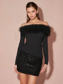 Enchnt Spring/Winter Romantic Women's Black Sexy Elegant Mesh Decor Off Shoulder Fitted Top,Sweet&Elegant For Valentine's Day&Christmas Party&New Years&Birthday&Holiday &Sweet Date Night - Black - View 2