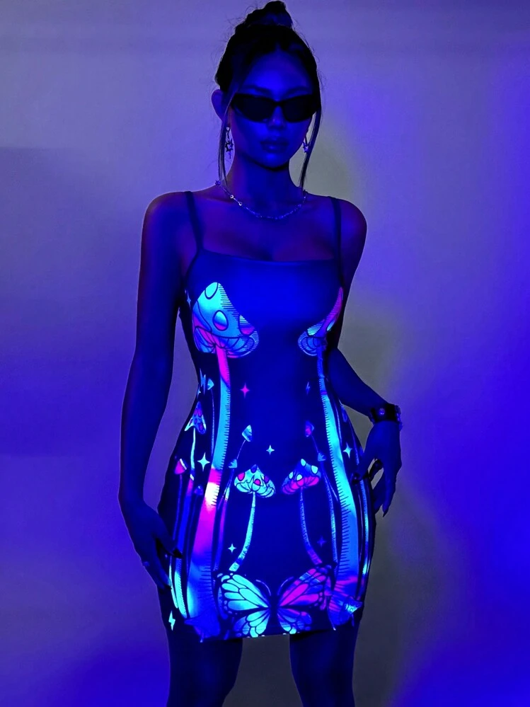 SHEIN ICON Glow-In-The-Dark Mushroom Print Sexy Sleeveless Slip Y2K  Halloween Reflective Dress | SHEIN