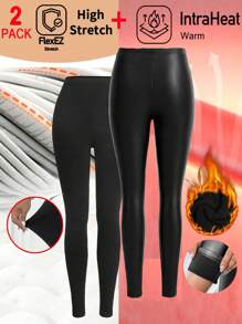 SHEIN Clasi PU Velvet And Solid Velvet Leggings - Suitable As Base Layer For Autumn/Winter - Black - View 1