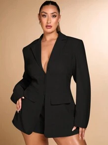SHEIN BAE Chaqueta de traje de talla grande para mujer de unicolor elegante y elegante, con cintura ceñida, manga larga, color beige, adecuada para citas y desplazamientos, otoño/invierno