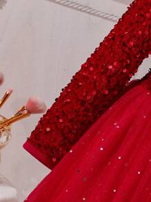 SHEIN Glamorique Kids Young Girl's Fashion Sequin Contrast Mesh Dress - Red - View 4