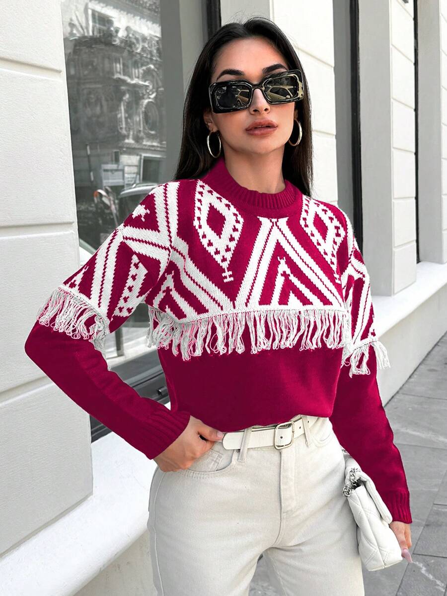 EURMUSE Women Geometric Print Fringe Decor Crew Neck Casual Pullover Sweater - Burgundy - View 1
