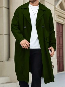 Manfinity Homme Plus Size Men Casual Solid Color Double-Breasted Trench Coat, Autumn - Green - View 1