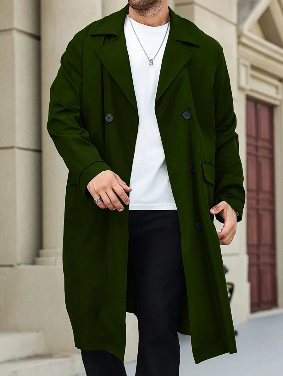 Manfinity Homme Plus Size Men Casual Solid Color Double-Breasted Trench Coat, Autumn - Green - View 1