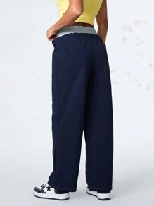 SHEIN Sports Pantalones deportivos de mujer con cintura elástica y contraste de color - Azul Marino - Ver 9