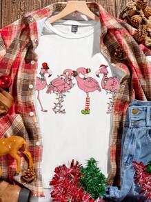 INAWLY Áo thun tay ngắn họa tiết chim hồng hạc, mũ ông già Noel và đèn dây cho nữ Giáng sinh Áo thun họa tiết nữ - trắng - Xem 1