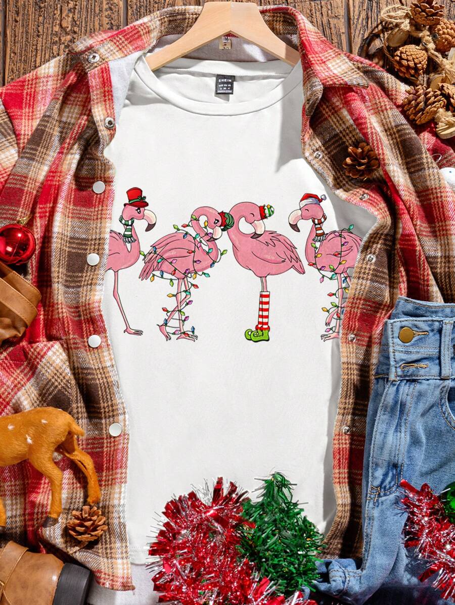 INAWLY Áo thun tay ngắn họa tiết chim hồng hạc, mũ ông già Noel và đèn dây cho nữ Giáng sinh Áo thun họa tiết nữ - trắng - Xem 1