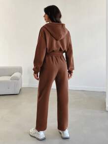 RueChic 2 件套女士休闲运动拉链连帽衫夹克和抽绳裤，秋季 - 棕色 - 查看 2