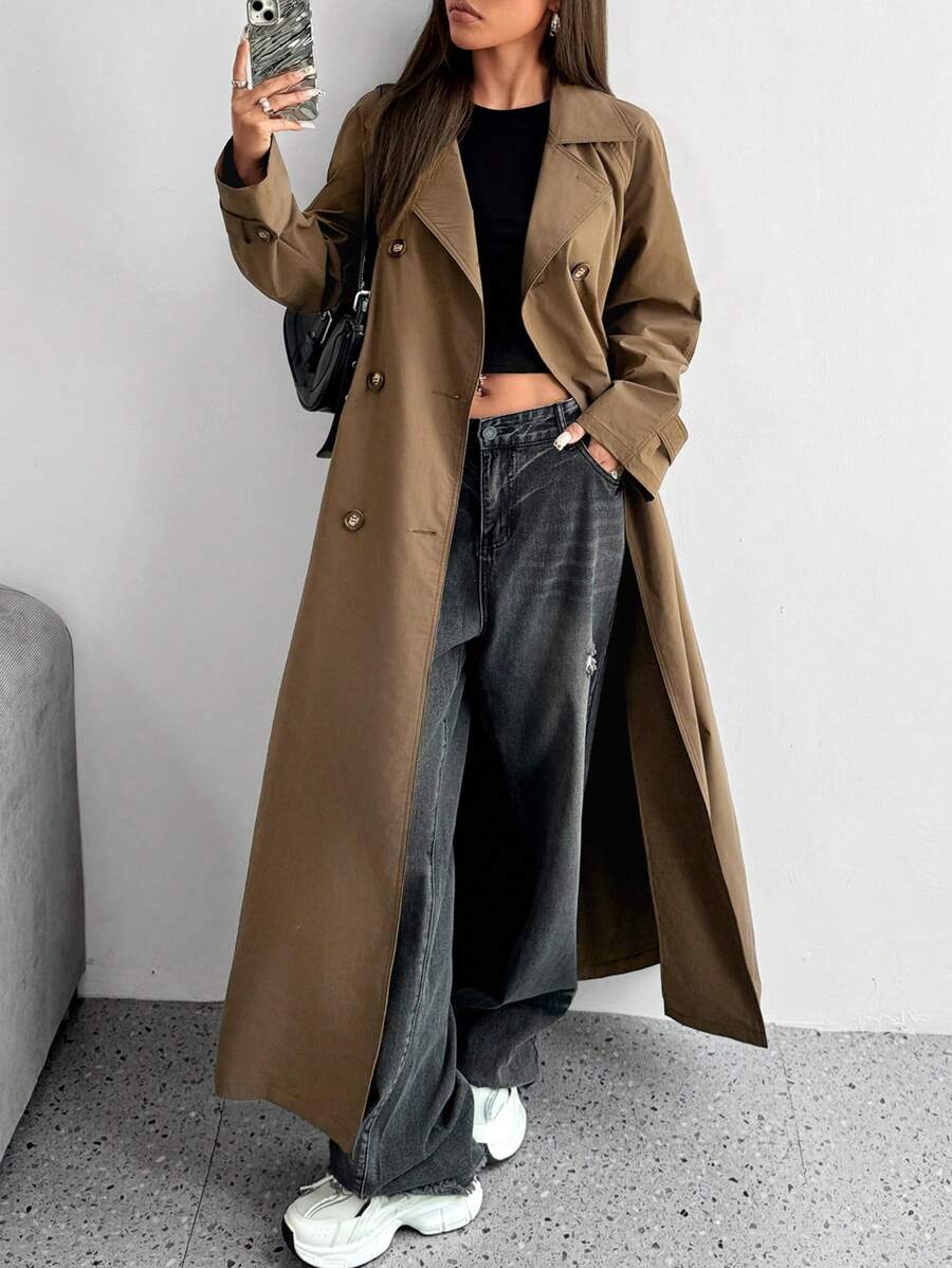 SHEIN EZwear Autumn/Winter New Brown Lapel Double-Breasted Long Women's Trench Coat