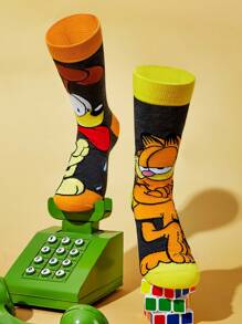 GARFIELD X SHEIN 1pair Cute Cartoon Pattern Contrast Color Mid-Calf Socks For Women