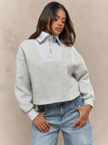MISSGUIDED Quarter Zip Crop Sweatshirt Athletic Casual Pullover Loungewear Workout Fall Winter Half Zip Collared Athleisure Activewear - Grey - View 3