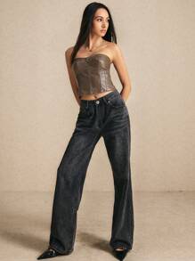 Poéselle Women's Faux Leather Bustier Top,A Vintage-Inspired, 90s-Revival Cropped Corset-Style Top With Back Zipper, Perfect For Autumn Parties, Halloween, And Versatile Fall Fashion, Blending Retro Charm With Modern Edge In A Rich Hue.