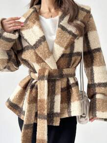 Firerie Nieuwe elegante en modieuze omkeerbare geruite getailleerde jas met taillebandontwerp, warm voor herfst/winter