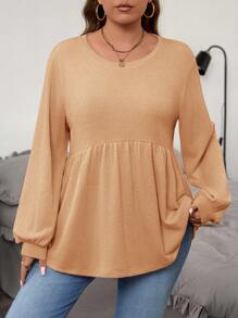 SHEIN LUNE Áo thun tay dài cổ tròn màu trơn cỡ lớn, phong cách tối giản giản dị, mùa thu - Màu Khaki - Xem 6