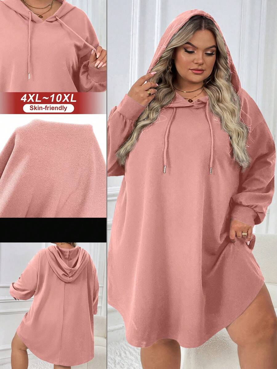 SHEIN CURVE+ 大码女式休闲运动宽松连帽运动衫连衣裙，弧形下摆，秋冬 - 粉色 - 查看 1