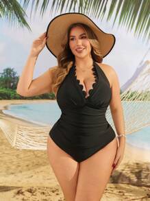 Swim Lushoire Plus Size Summer Beach Solid Color Halter Shell Trim Open Back Tie Crop Top And Triangle Tankini Swimwear Set - Black - View 1