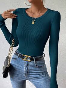 EMERY ROSE 1pc Women Simple Round Neck Ribbed Knitted Long Sleeve Pullover Sweater Fall Winter - Blue - View 7