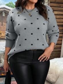 SHEIN LUNE 大码休闲落肩波点图案毛衣，秋冬针织套头衫 - 淺灰色 - 查看 7