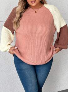 SHEIN CURVE+ Women's Plus Loose-Fit Lantern Sleeve Contrast Color Round Neck Sweater, Fashion & Slouchy, Autumn/Winter Knit Pullover Fall - Multicolor - View 7