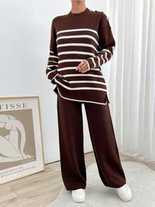 EURMUSE Woman Striped And Button Detailed Sweater And Pants Co-Ords Winter Two Piece Outfits - Brown - View 3