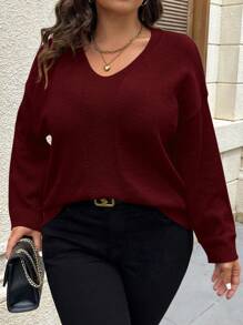SHEIN LUNE Plus Size Women Solid Color V-Neck Drop Shoulder Long Sleeve Casual Pullover Sweater, Autumn/Winter Knit Pullover Fall - Burgundy - View 5