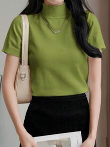 SHEIN LUNE Women Casual Solid Color Turtleneck Short Sleeve Pullover Knit Top - Mint Green - View 5