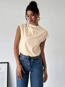 Firerie Áo sơ mi nữ đơn giản, thanh lịch, thời trang công sở, cổ đứng, vai lệch, xếp ly, tay ngắn, ôm dáng. - Màu Khaki - Xem 4