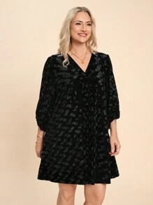 SHEIN LUNE 女士大码休闲宽松优雅长袖连衣裙，秋季大码秋装女士连衣裙 - 黑色 - 查看 4