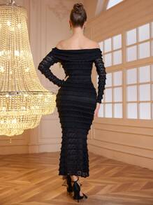 Modelyn Women Ruffle Textured Long Sleeve Bodycon Dress Maxi Women Outfit - Black - View 2