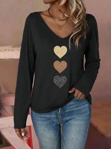 EMERY ROSE Casual Minimalistisch Kleurrijk Hartvormig Kunstgoudfolie V-hals T-shirt met Lange Mouwen voor Dames, Geschikt voor Herfst en Winter