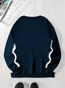 Manfinity Roghcode Men's Casual Letter & Star Print Color Block Raglan Sleeve Pullover Sweatshirt, Spring Autumn - Royal Blue - View 2
