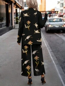 SHEIN Clasi Casual Retro Crane Pattern 2pcs Long Sleeve Set For Women, Suitable For Autumn/Winter - Black - View 2