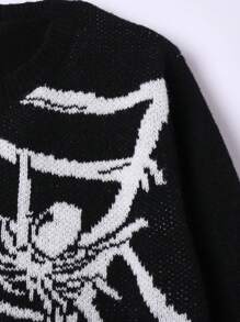 SHEIN Suéter de cuello redondo de manga larga con bordado de telaraña en blanco y negro casual para niños adolescentes, adecuado para otoño, invierno, cálido, escuela, hogar, diario, deportes, calle, concierto punk, versátil, simple